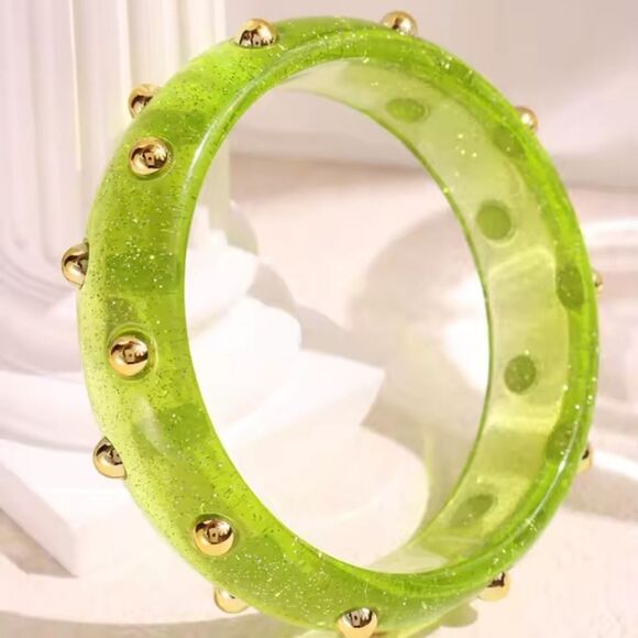 New FREE PEOPLE Pink Studded Resin Bangle Bracelet In Green - Picture 2 of 8